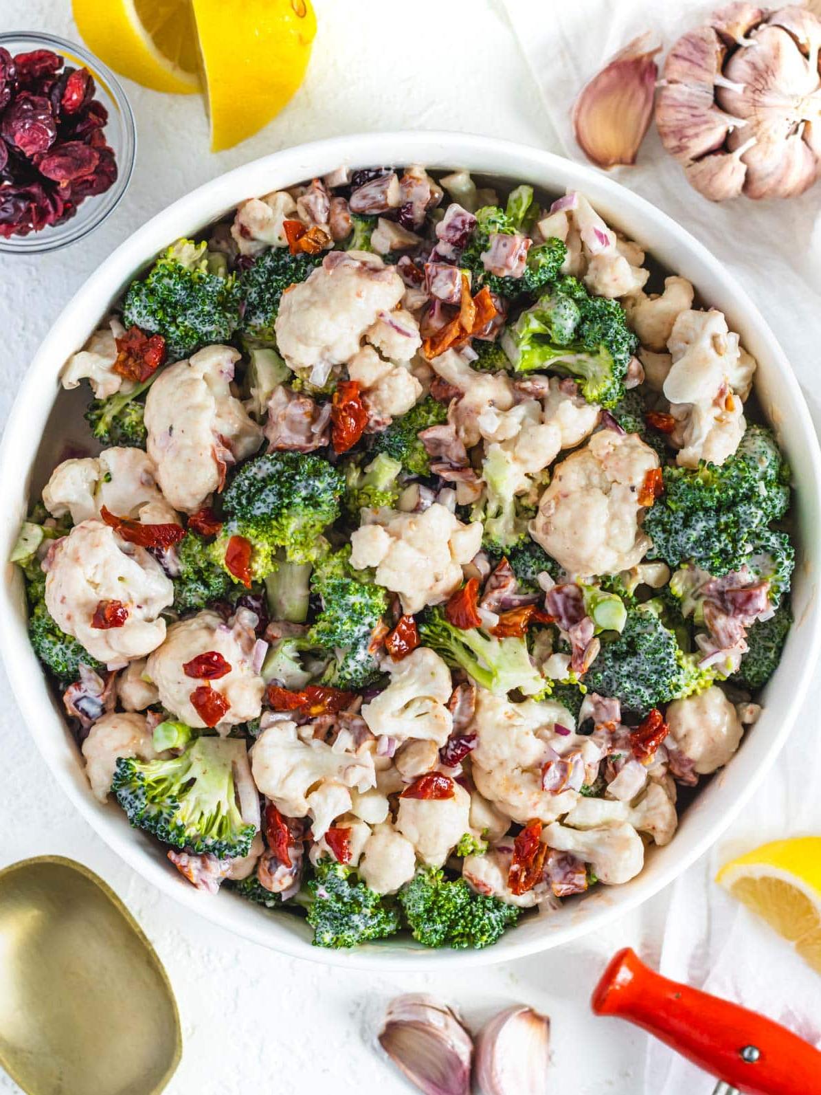 cauliflower broccoli salad with sundried tomato