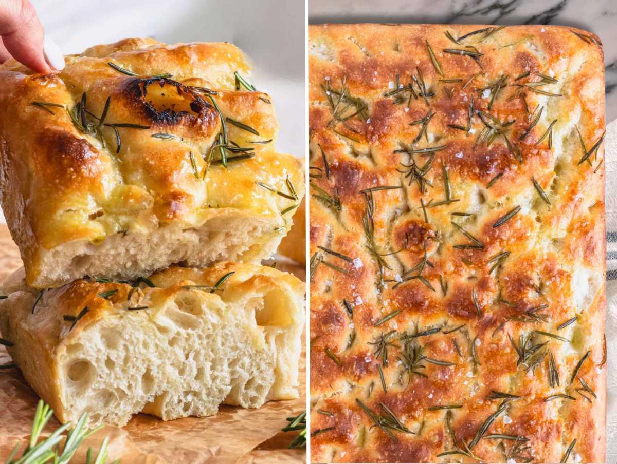 Frisch gebackene Focaccia, direkt aus dem Ofen und in Quadrate geschnitten.