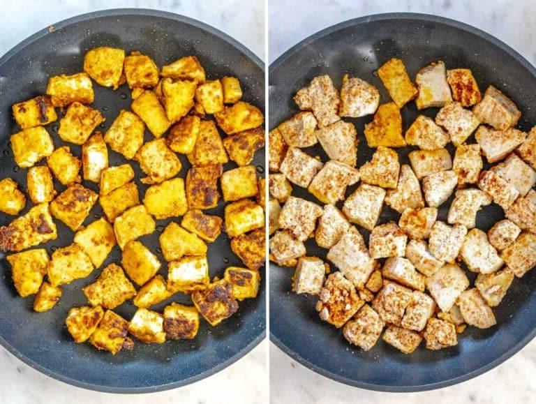 Das in der Pfanne gebratene Tofu kochen.
