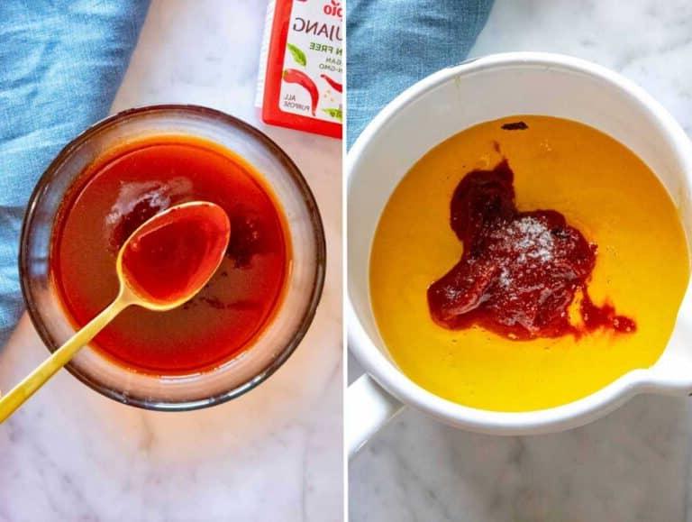 Scharfe Honigsauce in einem Topf und in einer Schüssel.