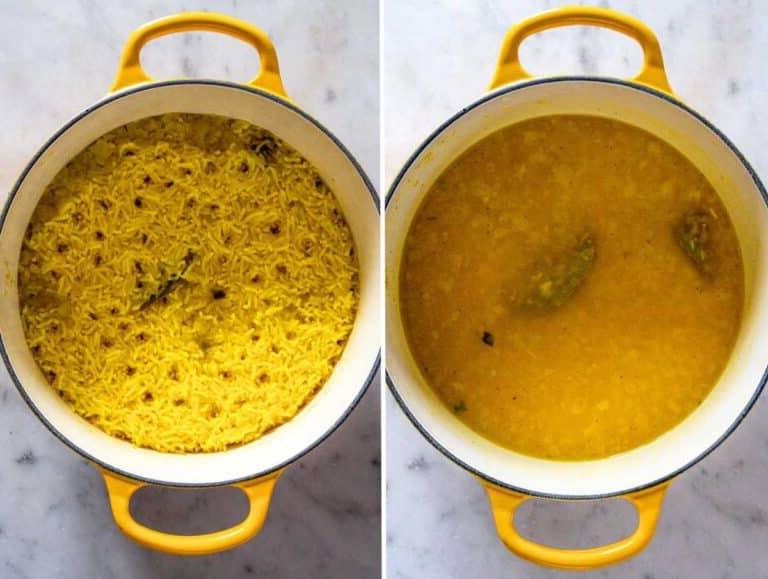 Safranreis vor und nach dem Kochen für 11 Minuten.