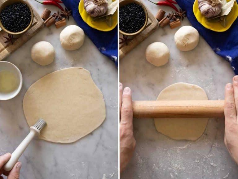 Teig ausrollen und Paratha mit Öl bestreichen.