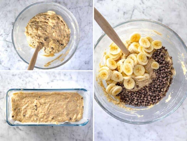 Bananen und dunkle Schokostückchen in den Teig mischen