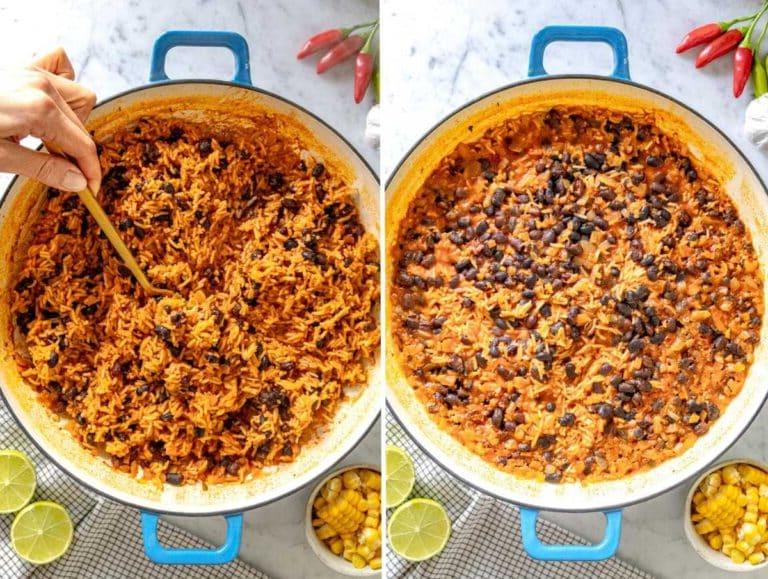 Mexikanischer Reis und schwarze Bohnen in einem Topf