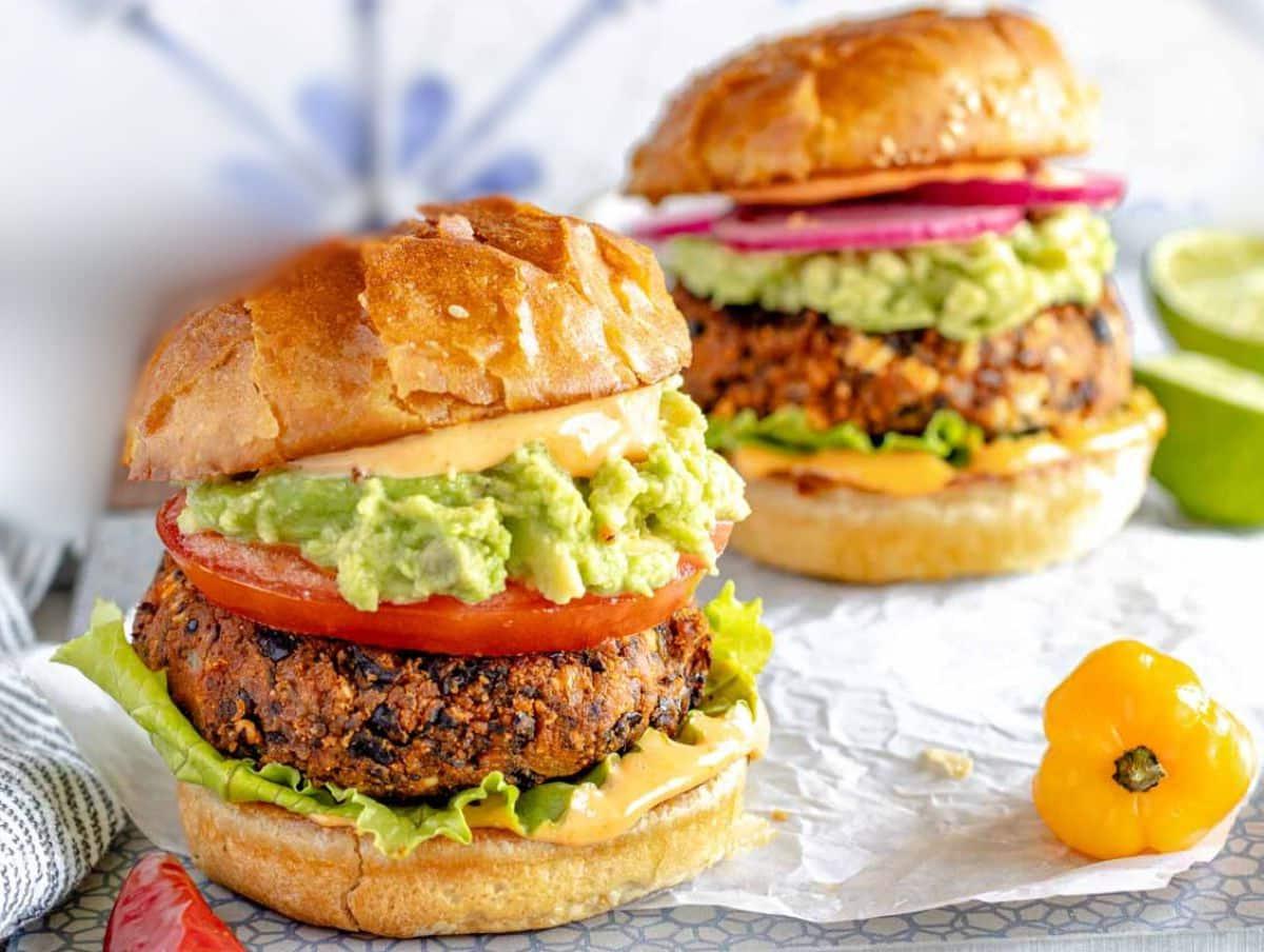 black bean burger with guacamole and tomato