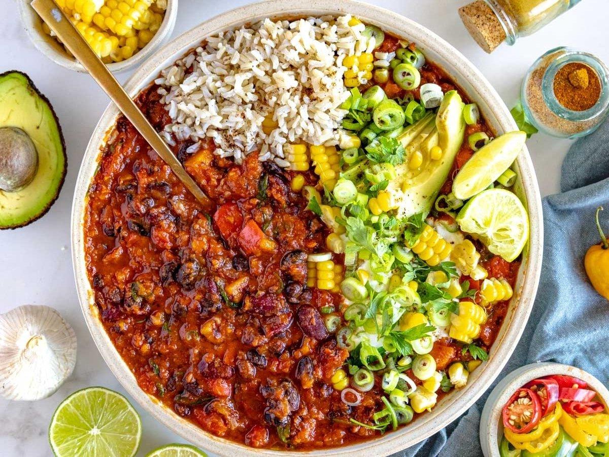 vegetarian chili served in a white bowl