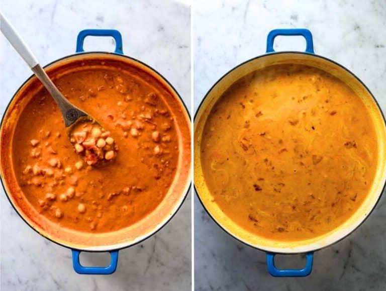 Auberginen-Curry vor und nach dem 20-minütigen Köcheln.