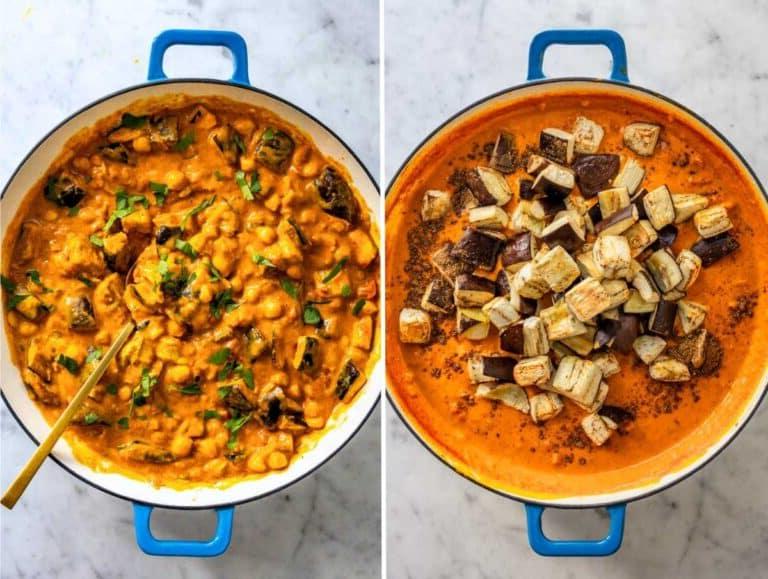 Geröstete Aubergine zum Curry hinzugefügt.