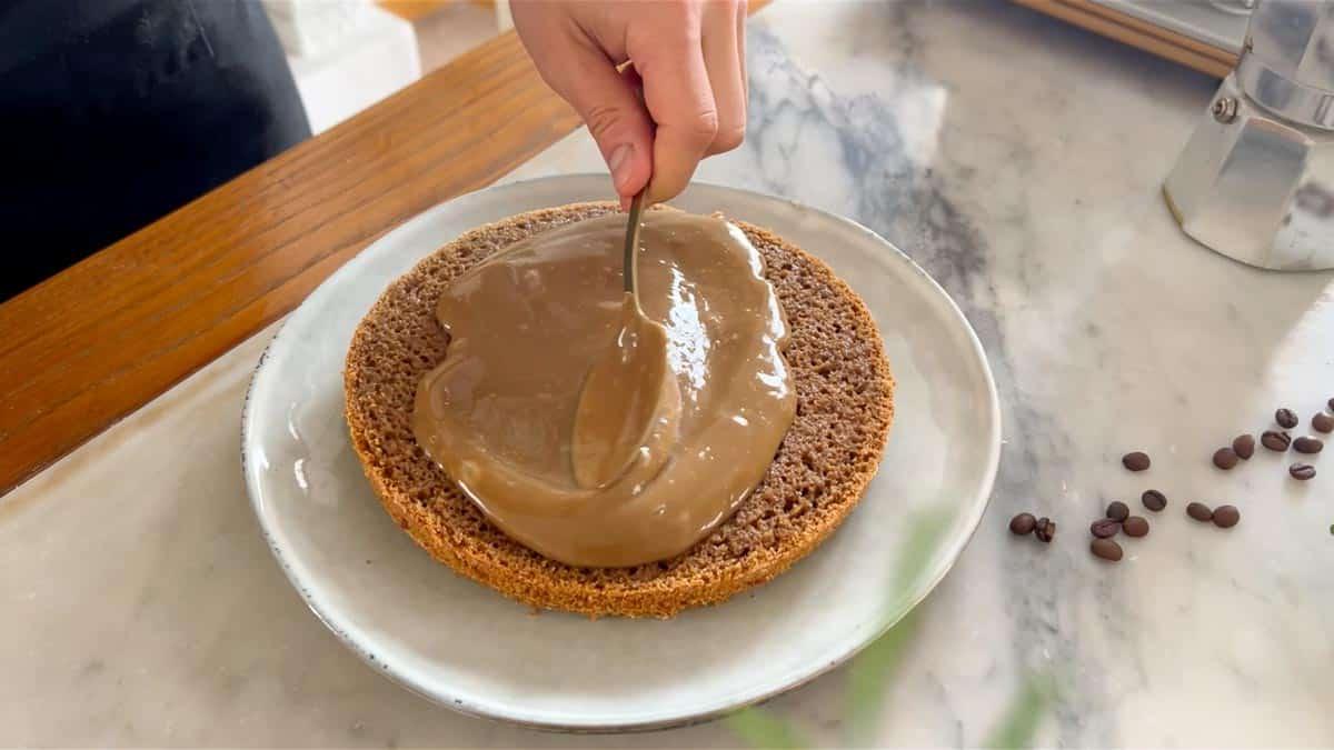 adding vegan custard in the vegan coffee cake