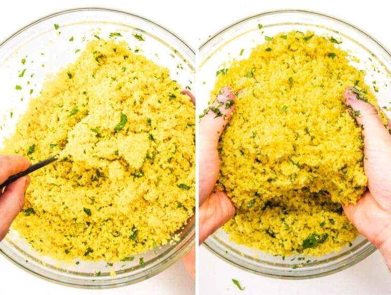 Couscous mit Petersilie und Olivenöl vermengen