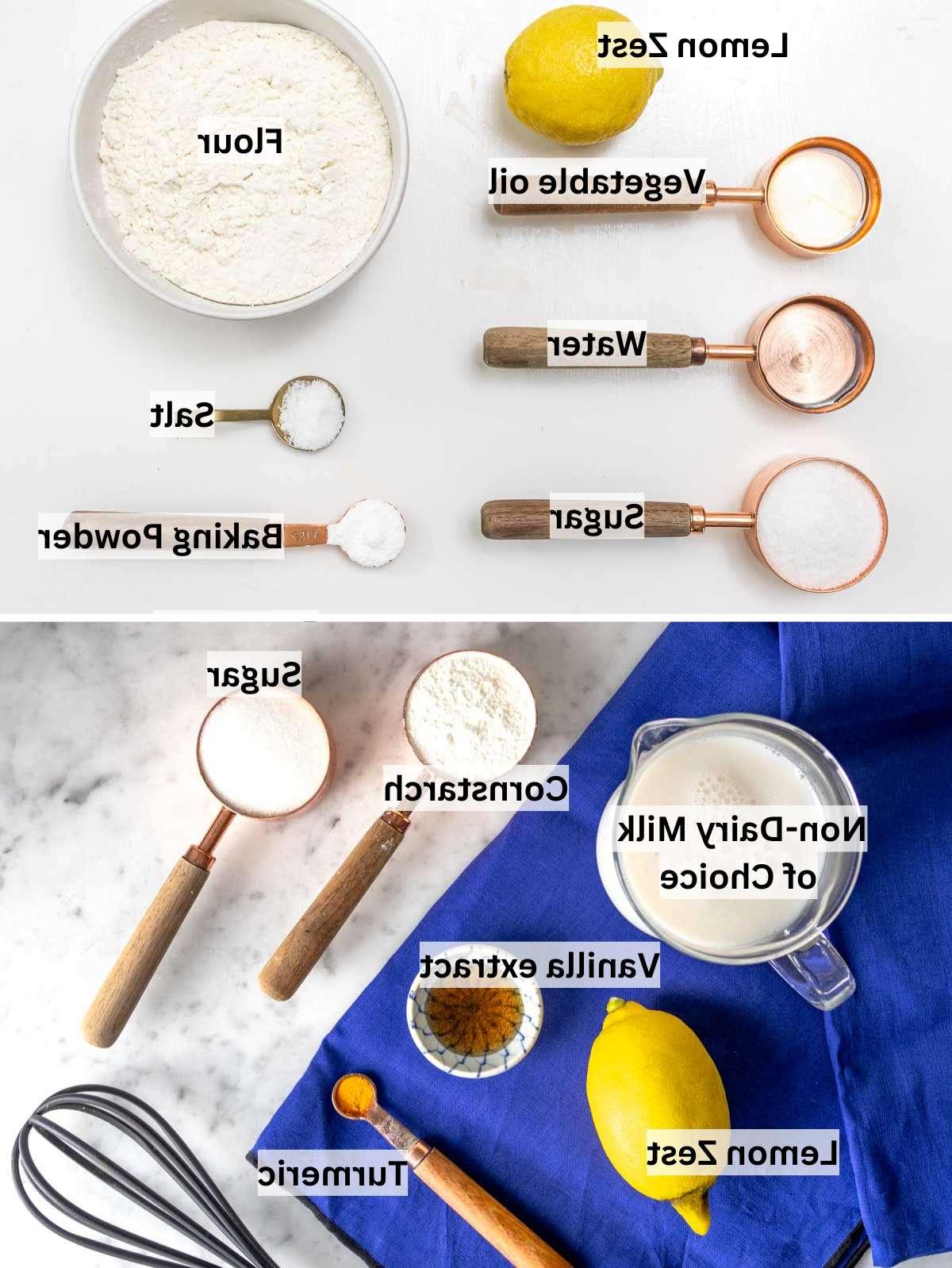 Zutatenbilder zur Herstellung einer Obsttorte und der Vanillecreme
