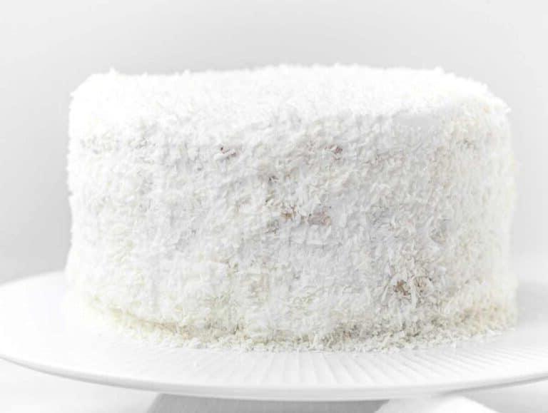 Veganer Kokoskuchen mit Kokosflocken garniert