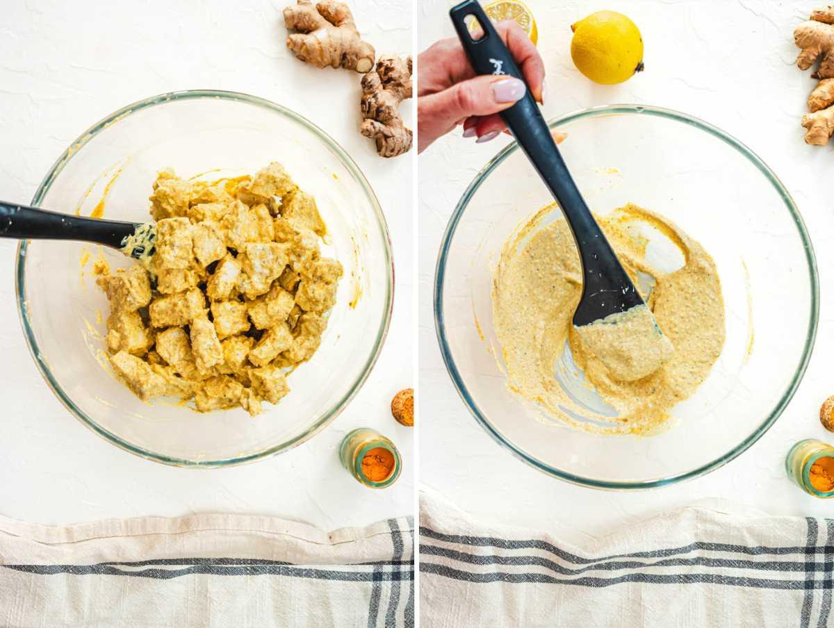 Tofu in der Soße mit Joghurt und Gewürzen mischen.