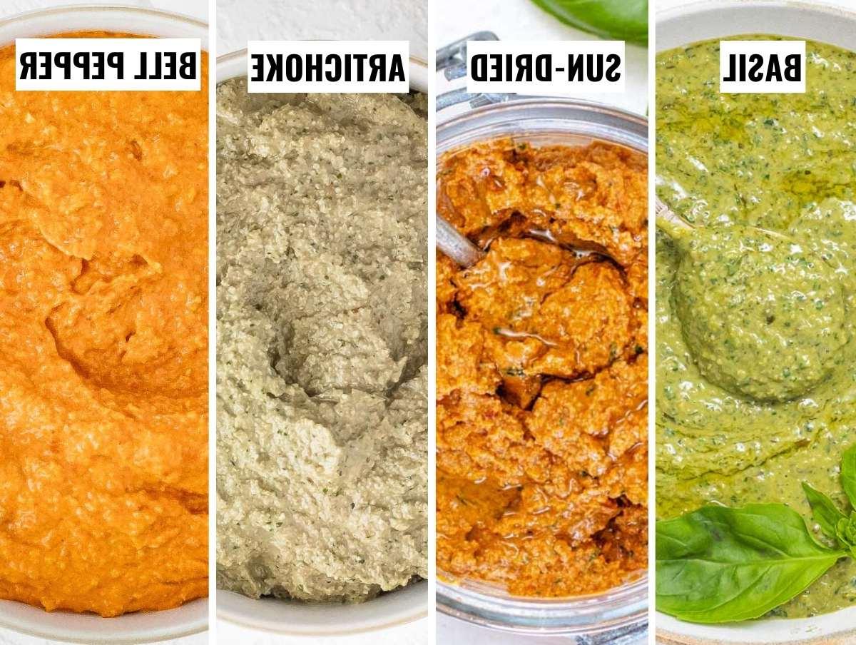 Von links nach rechts: Basilikum Pesto, getrocknetes Tomaten Pesto, Artischocken Pesto und Paprika Pesto