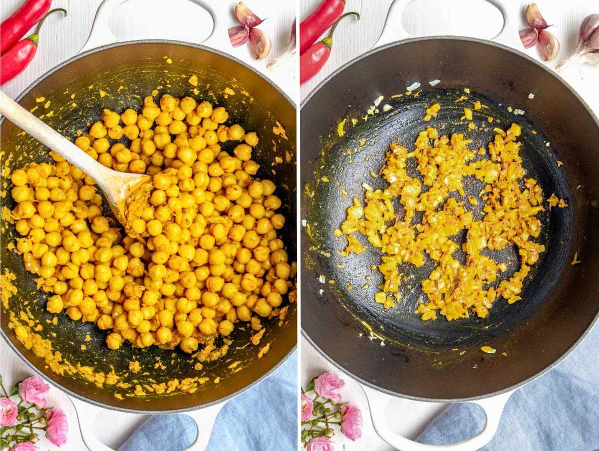 Kichererbsen werden in der aromatischen Basis mit Gemüse und Gewürzen angebraten. Der erste Schritt zum köstlichen Eintopf.