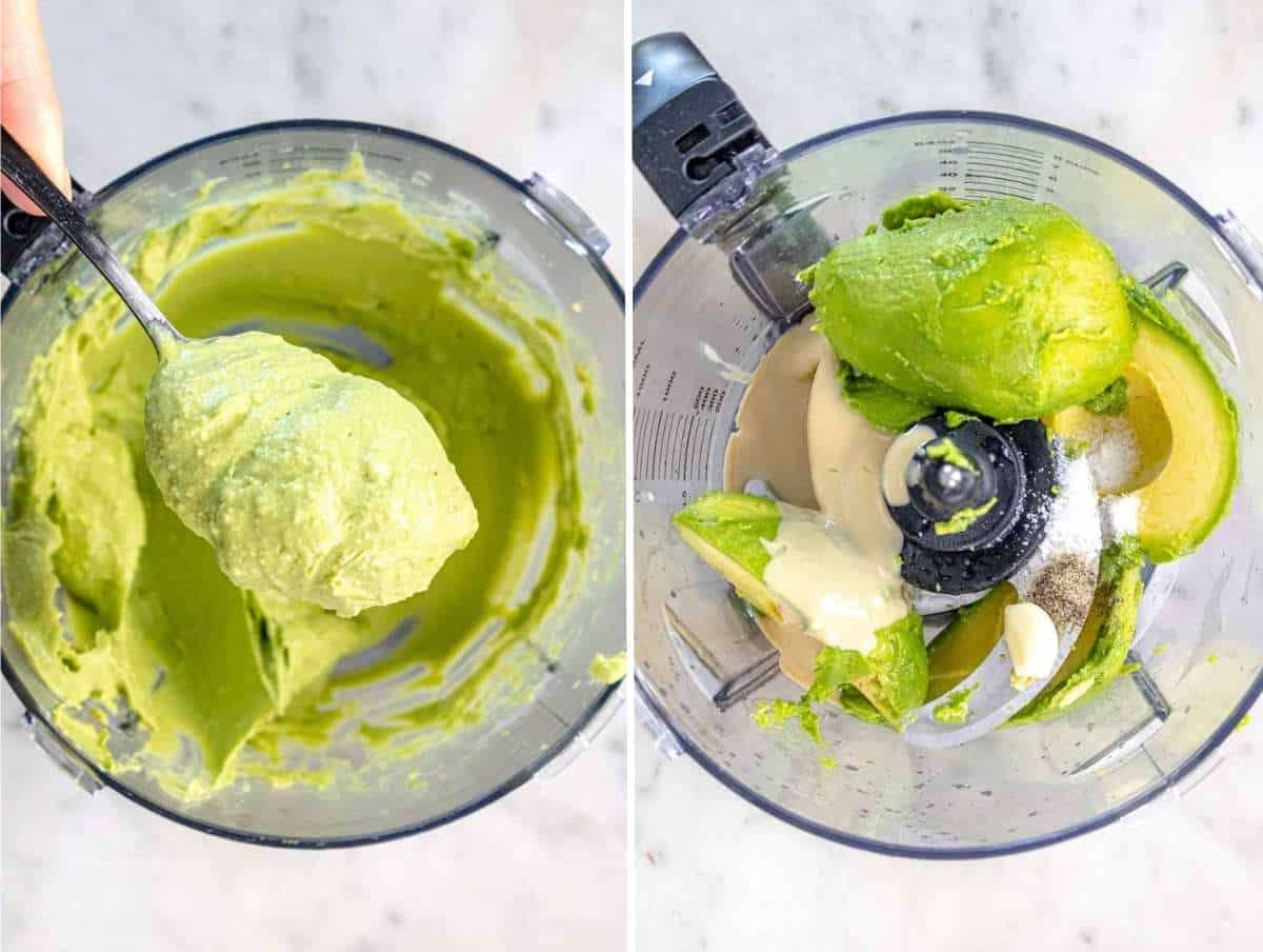 Zutaten für Avocado-Aufstrich in einem Mixer, vor und nach dem Pürieren.