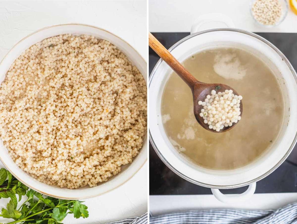 Schrittbild 1: Den Perlcouscous in kochendem Wasser oder Brühe zubereiten, bis er al dente ist.