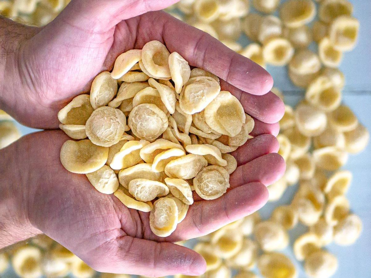 Hände halten selbstgemachte Orecchiette-Pasta