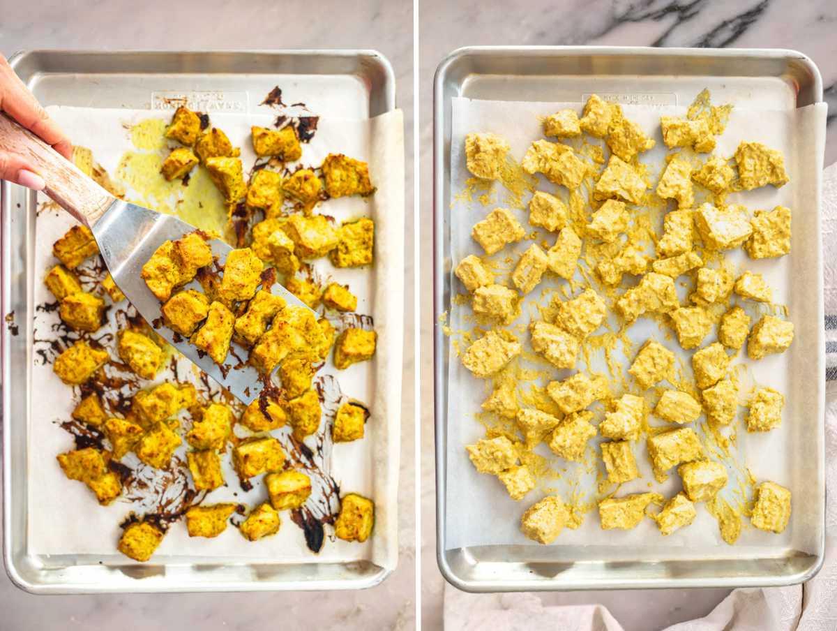 Tofu im Ofen mit der Joghurtmarinade gebacken.