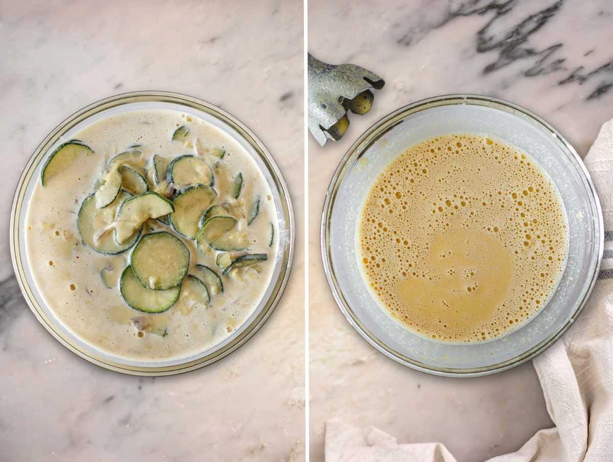 Veganer Frittata-Teig mit Kichererbsenmehl und Zucchini.