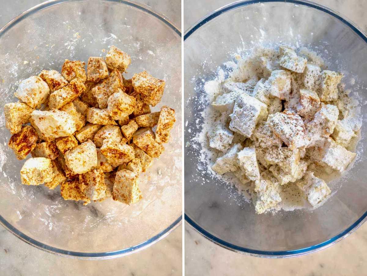 Tofu in der Gewürzmischung schwenken.