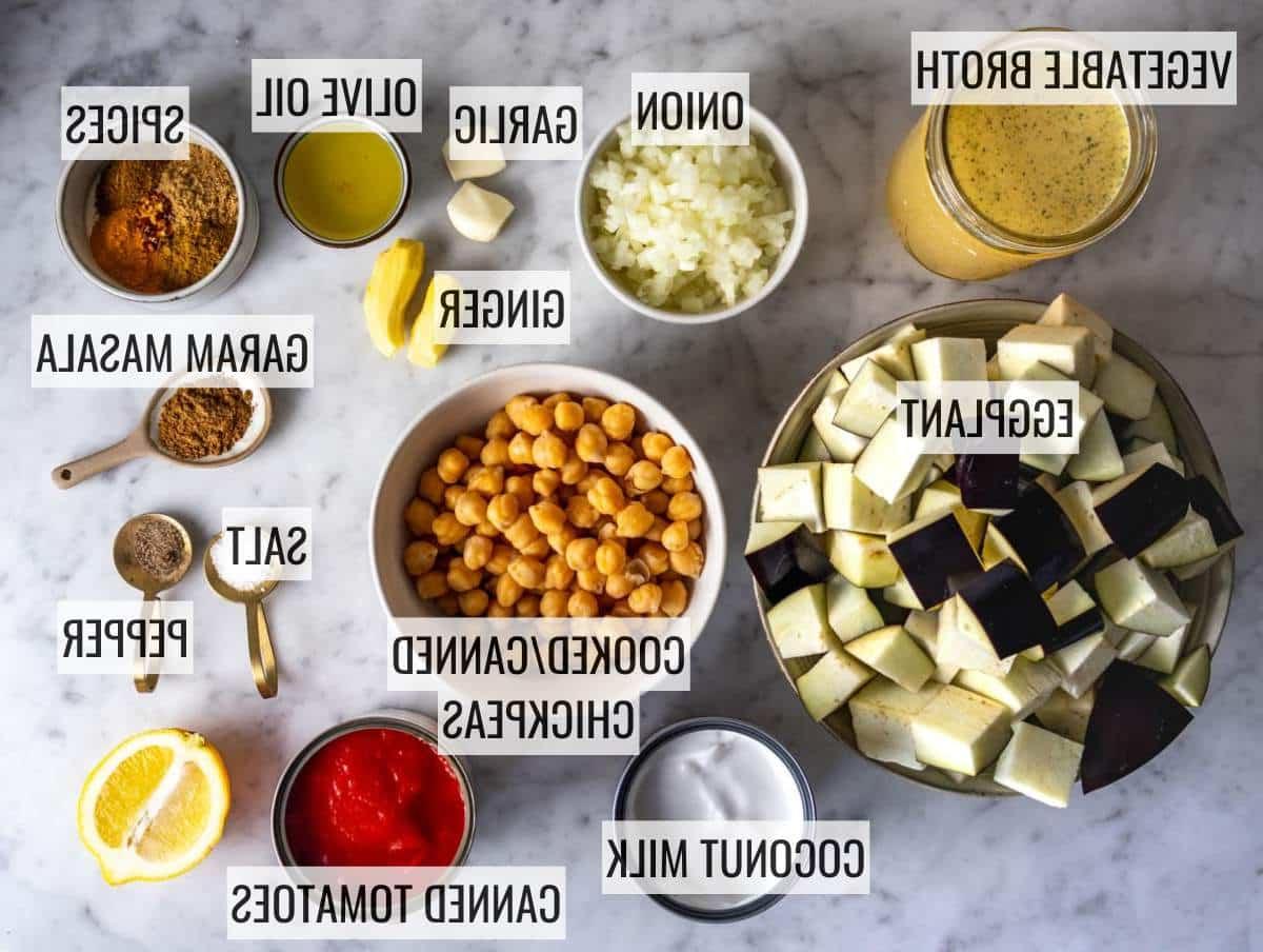 Zutaten für Auberginen-Curry.