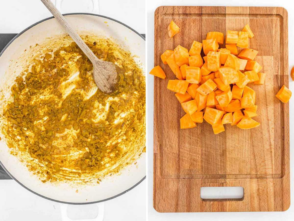 Gewürfelte Süßkartoffeln und die angebratene Aromen-Basis für das Curry in einem Topf.