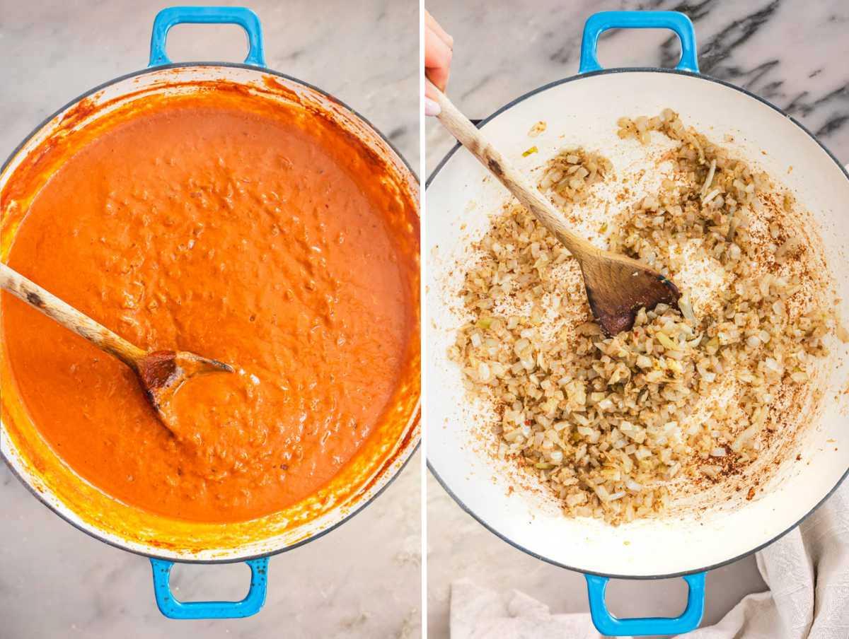 Zubereitung der Masala-Sauce mit angebratenen Gewürzen, Tomatenpüree und Sahne.