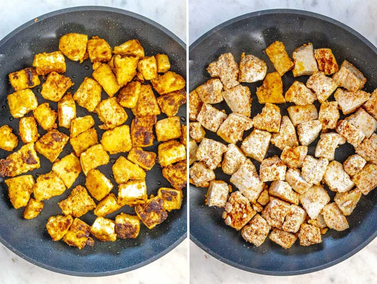 Das in der Pfanne gebratene Tofu kochen.