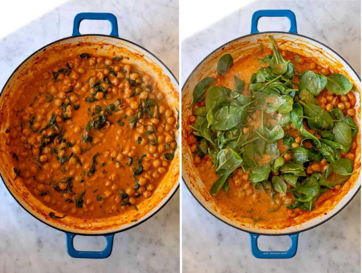 Spinat zu den Kichererbsen in der Marry Me Sauce hinzugefügt.