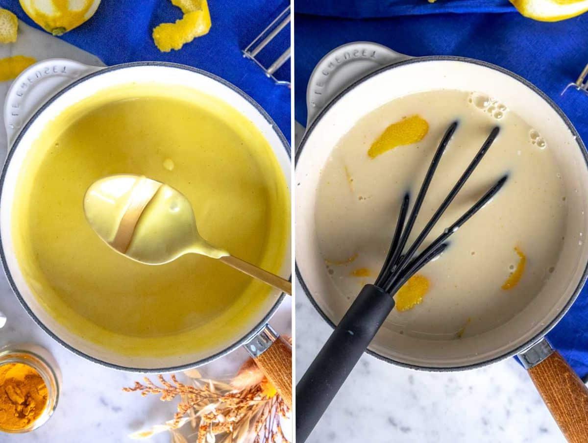 Anleitung zur Zubereitung der Creme in einem Topf auf dem Herd.