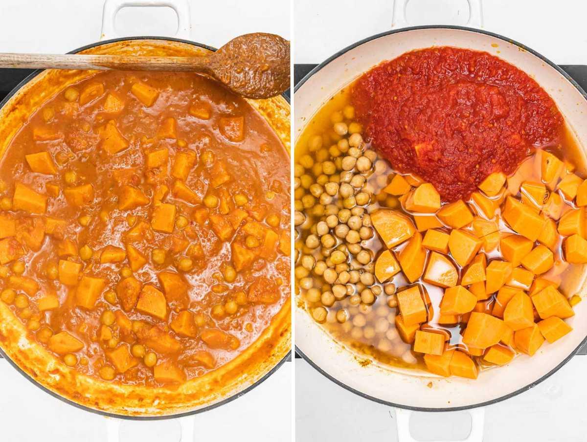 Süßkartoffel-Curry vor und nach dem 30-minütigen Köcheln im Topf.