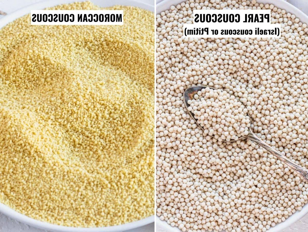 Israelischer und marokkanischer Couscous nebeneinander zum visuellen Vergleich.