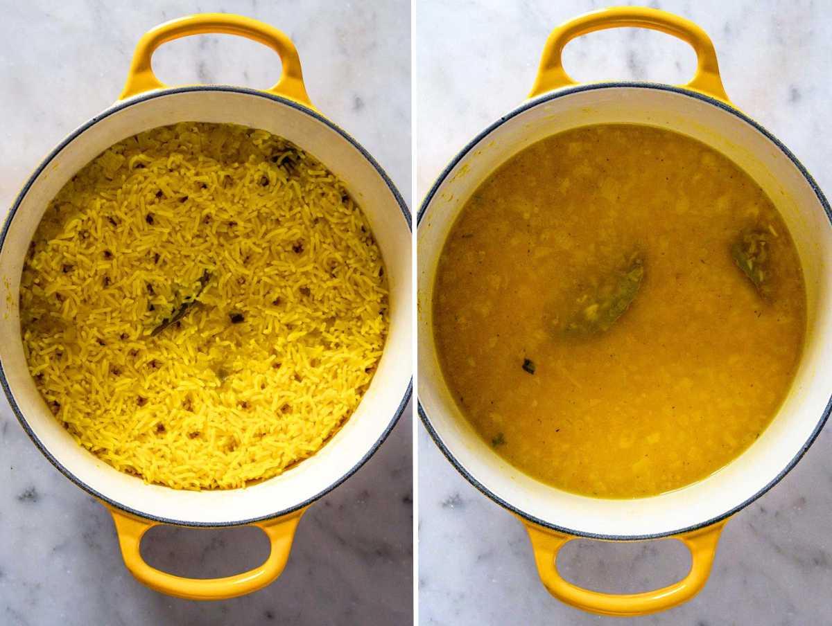 Safranreis vor und nach dem Kochen für 11 Minuten.