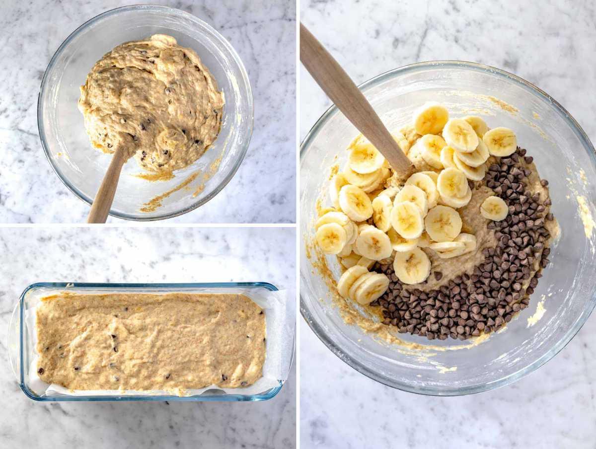 Bananen und dunkle Schokostückchen in den Teig mischen