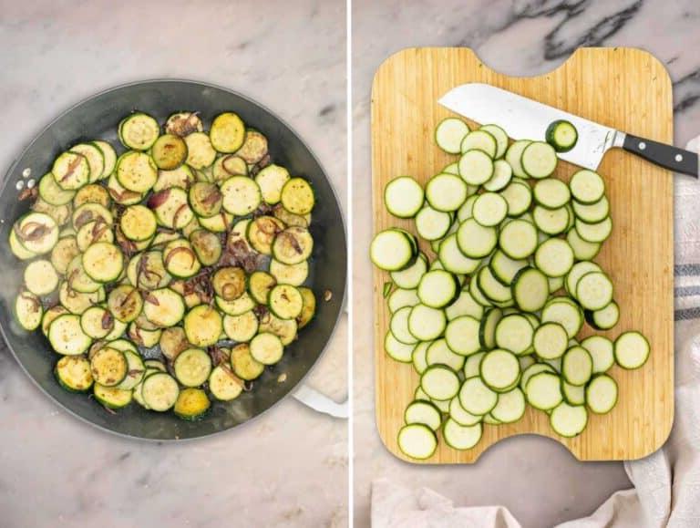 Geschnittene Zucchini, in einer Pfanne mit Olivenöl und roter Zwiebel gekocht.