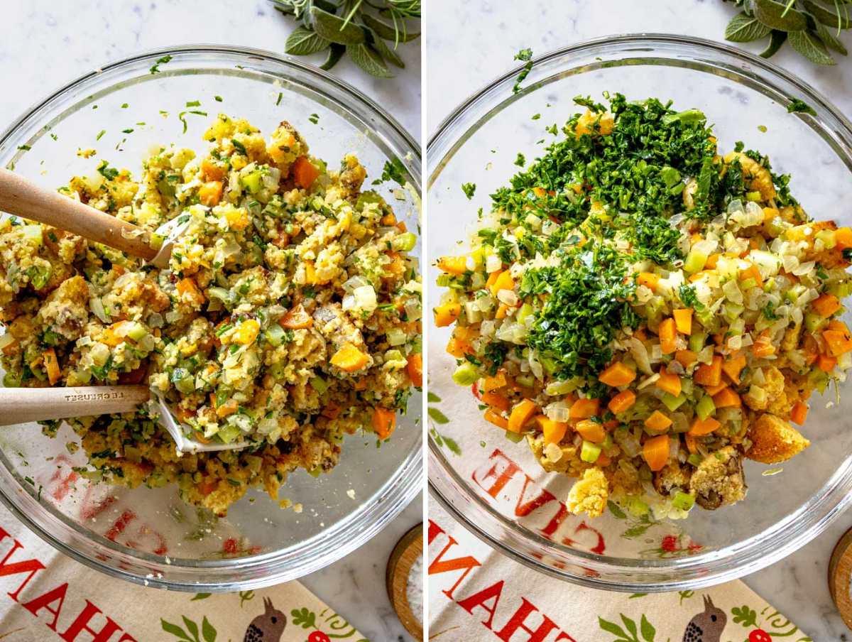 Soffritto mit Maisbrotwürfeln vermischen