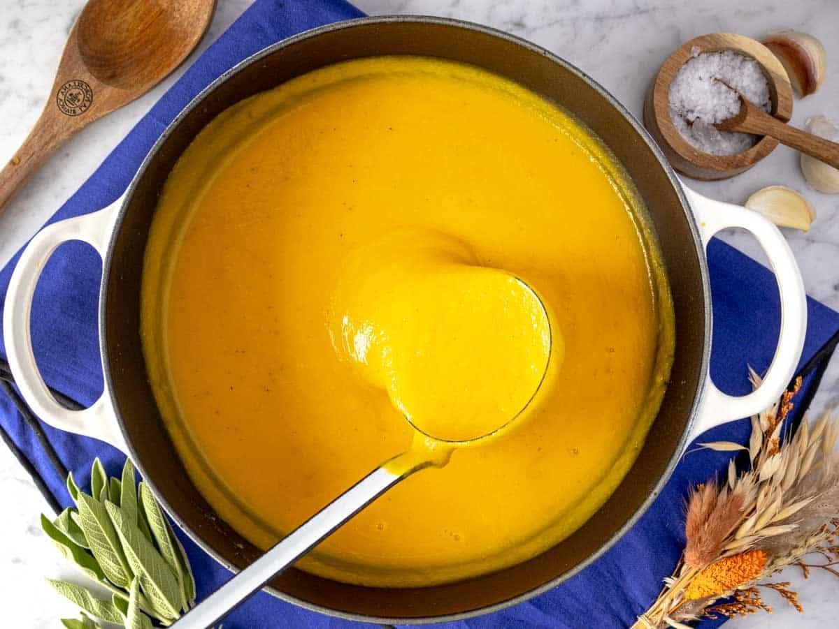 creamy butternut squash soup in a Dutch oven.