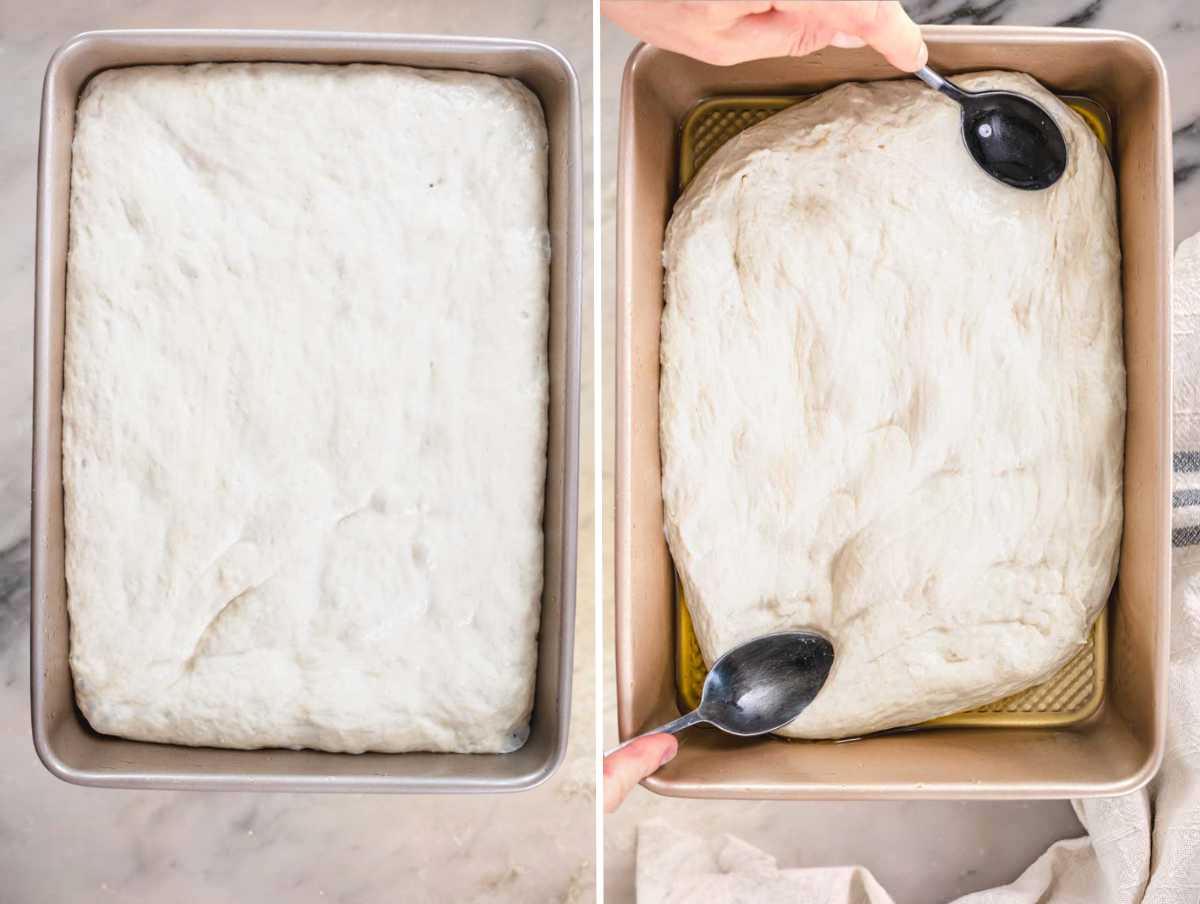 Zweite Gehzeit des Focaccia-Teiges in einer geölten Backform.