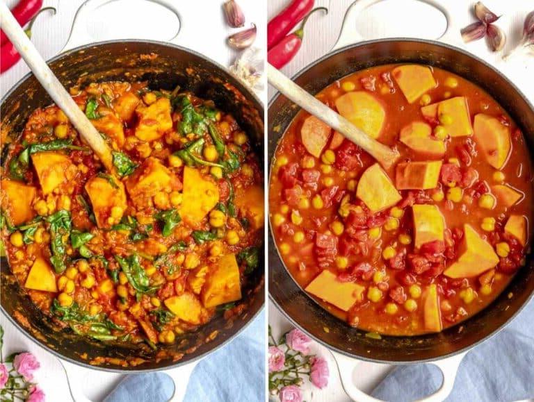 Der Kichererbsen-Eintopf mit Süßkartoffel und Spinat vor und nach dem Kochen.