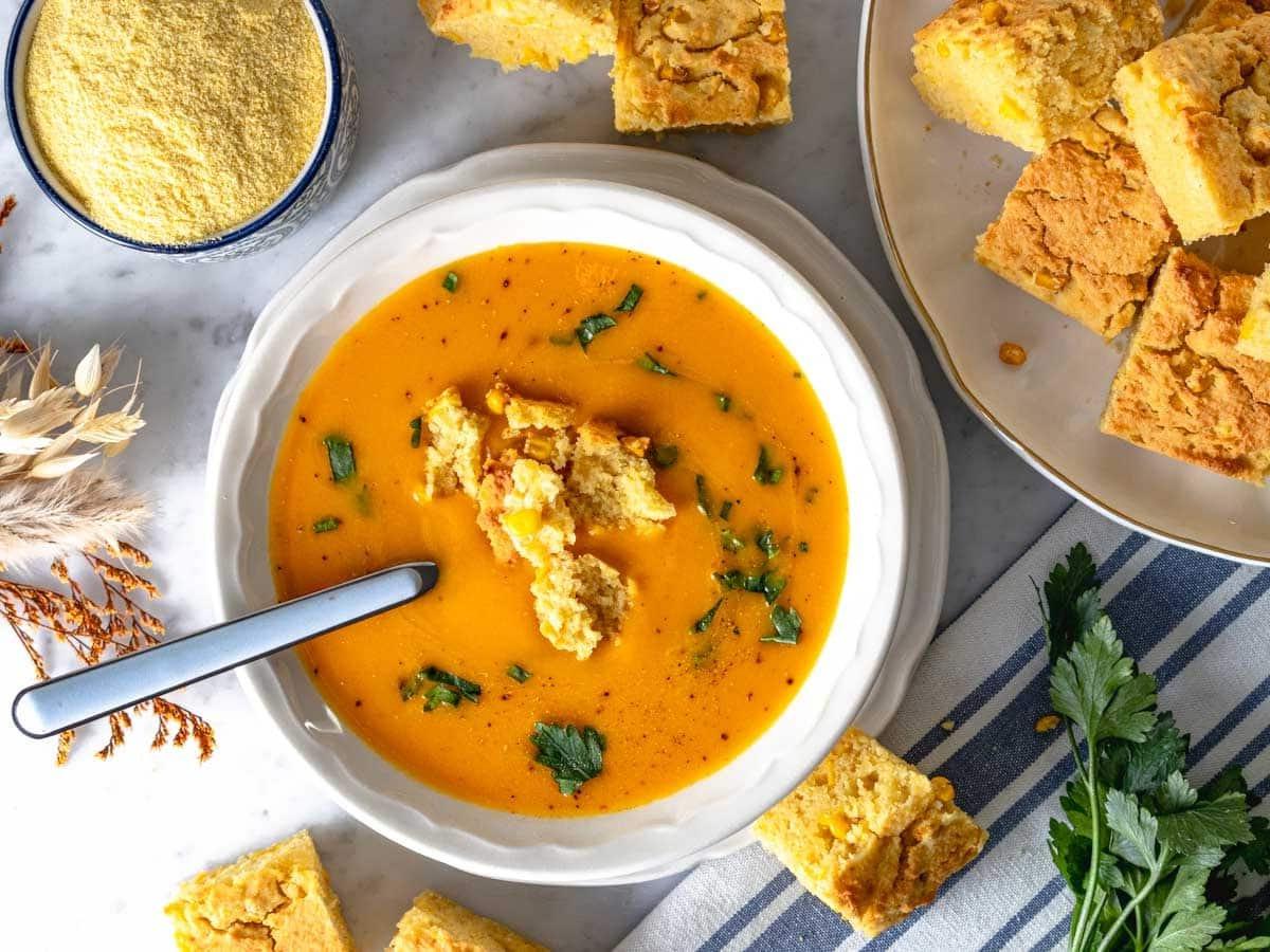 vegan cornbread with butternut squash soup