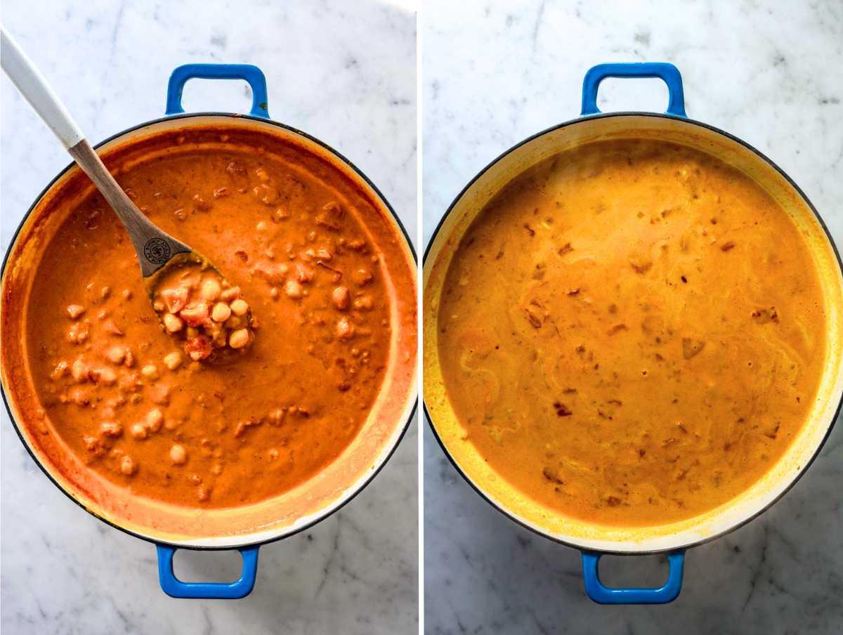 Auberginen-Curry vor und nach dem 20-minütigen Köcheln.