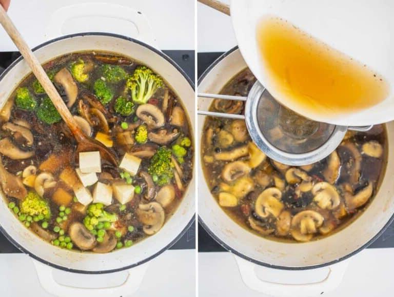 Tofusuppe in einem Schmortopf mit Brokkoli, Erbsen und Pilzen.