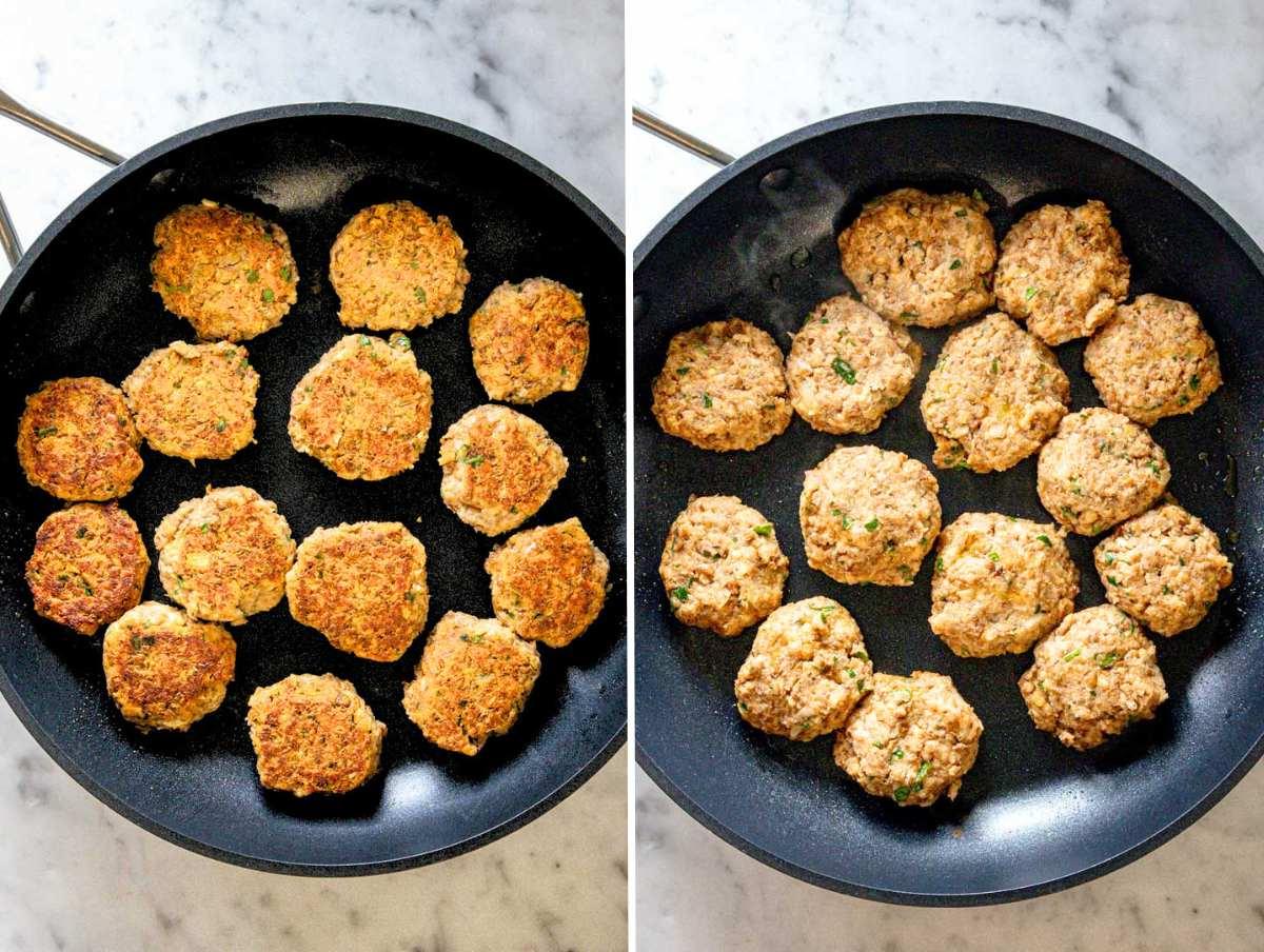 Linsen-Bällchen in einer schwarzen Pfanne gekocht.