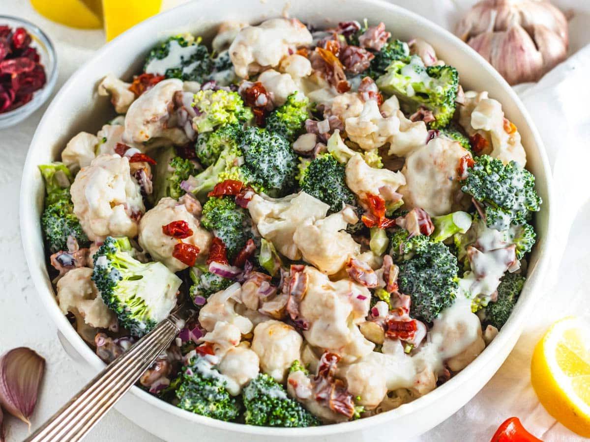 broccoli cauliflower salad after mixing with sundried tomatoes