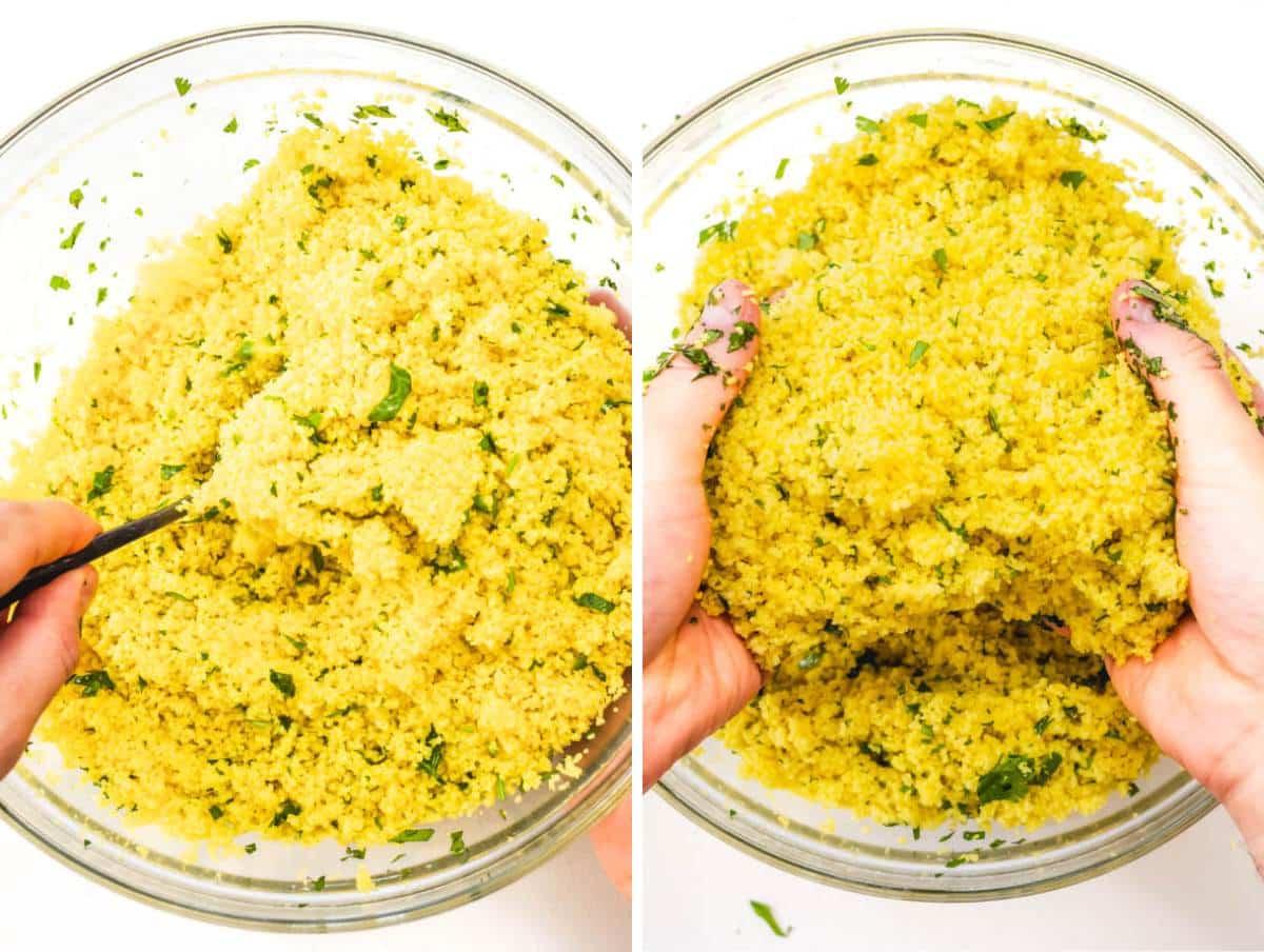 Couscous mit Petersilie und Olivenöl vermengen
