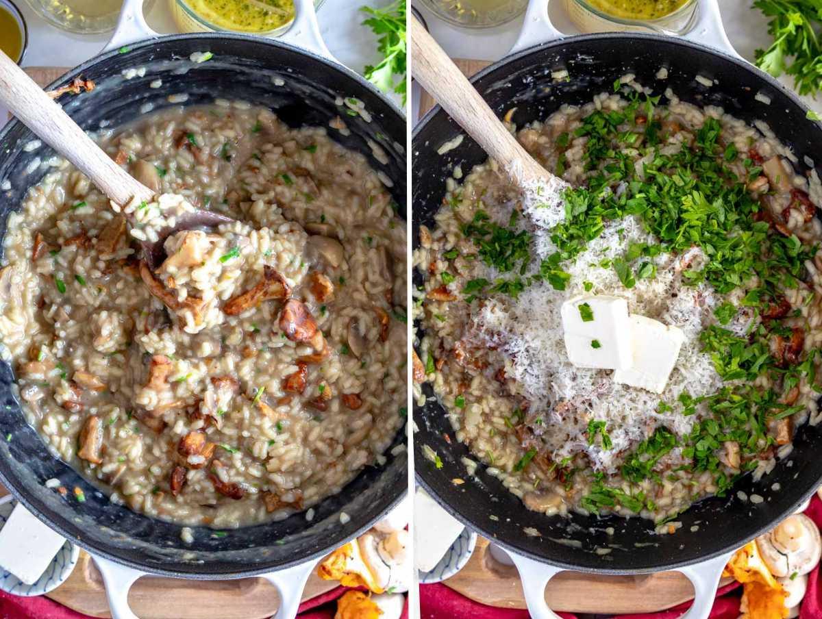 Pilzrisotto vor und nach dem Hinzufügen von Käse und Butter