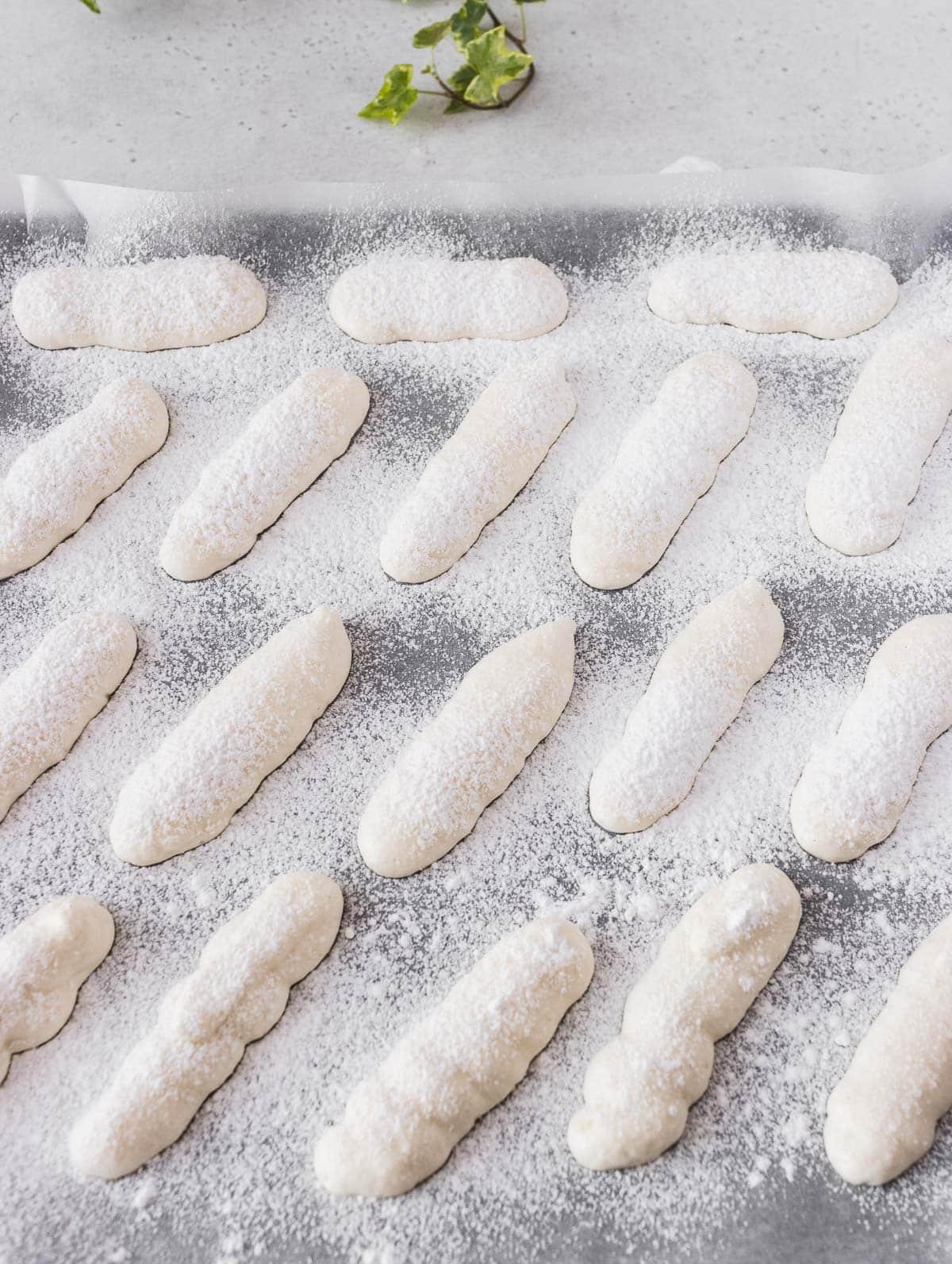 Vegane Löffelbiskuits auf einem Backblech und mit Zucker bedeckt