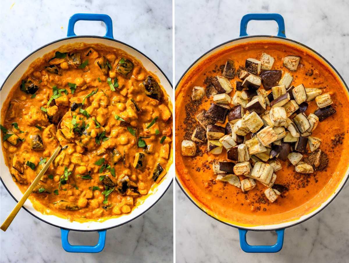 Geröstete Aubergine zum Curry hinzugefügt.